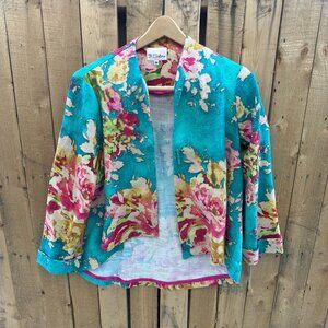 3 Sisters Floral Linen Blend Jacket | Teal Multi | Made in USA | M | NWT